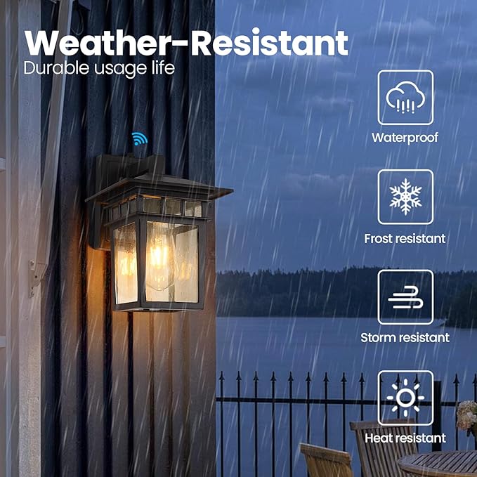 Outdoor Wall Lantern, Exterior Lighting Fixtures Wall Mount, 2 Pack Black Outdoor Sconce with Seeded Glass, Dusk to Dawn Exterior Porch/Patio Lights for House Front Door Garage