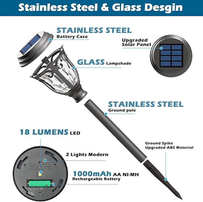 LeiDrail Solar Lights Outdoor Pathway, 6 Pack LED Glass Metal Solar Garden Lights with 2 Modes, Garden Decor for Yard Patio Landscape Walkway