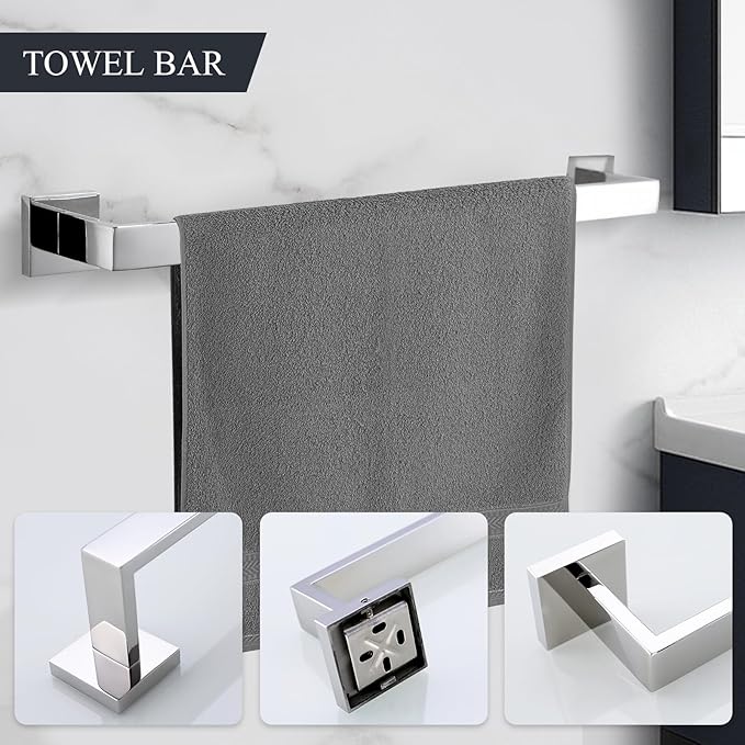 TURS 5-Piece Bathroom Hardware Set Polished Towel Bar Sets Include 23.4 Inch Towel Rail Hand Towel Bar Tissue Holder and 2 Towel Hooks, Stainless Steel Wall Mounted Towel Racks for Bathroom