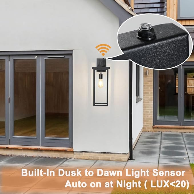 tewei 2 Pack Dusk to Dawn Large Outdoor Wall Lantern, 20 Inch Black Exterior Wall Light Fixtures, Large Porch Light with Clear Shade Sensor Modern Outdoor Sconce Lights for House Garage, E26 Base