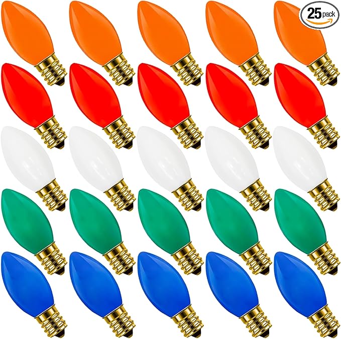 C9 Ceramic Christmas Replacment Bulbs, 25 Pack Multicolor Light Bulbs for E17 Candelabra Base Outdoor/Indoor String Lights, 7 Watt