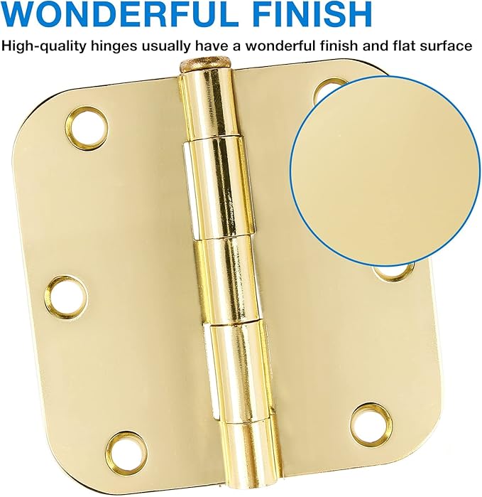 12 Pack Interior Door Hinges 3.5 inch X 3-1/2" 5/8 Radius, Polished Brass 3 ½" Gold Round Standard Hinge for Bedroom Doors DIY Assembly Bi-fold Table Hardware Home Accessories House Eseentials