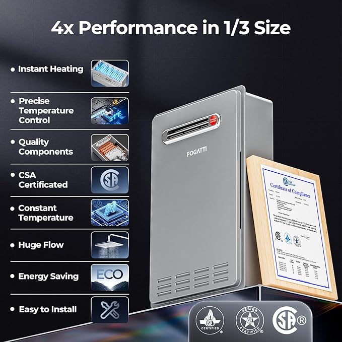 FOGATTI Propane Gas Tankless Water Heater Outdoor - Max 8.1 GPM 180,000 BTU, CSA Certified Compact Design On Demand Instant Hot Water Heater - Instagas Comfort 180S Series