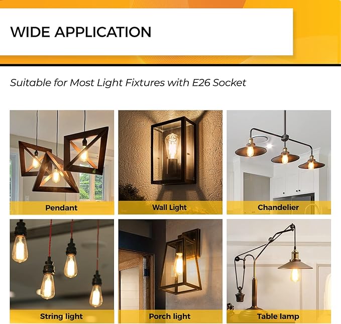 Hizashi Vintage Edison Bulb Dimmable, 6W Equivalent 60W, E26 Base LED Light Bulb, 2700k Warm White, 700LM, High CRI 95+ Eye Protection, Clear Glass, Pack of 24