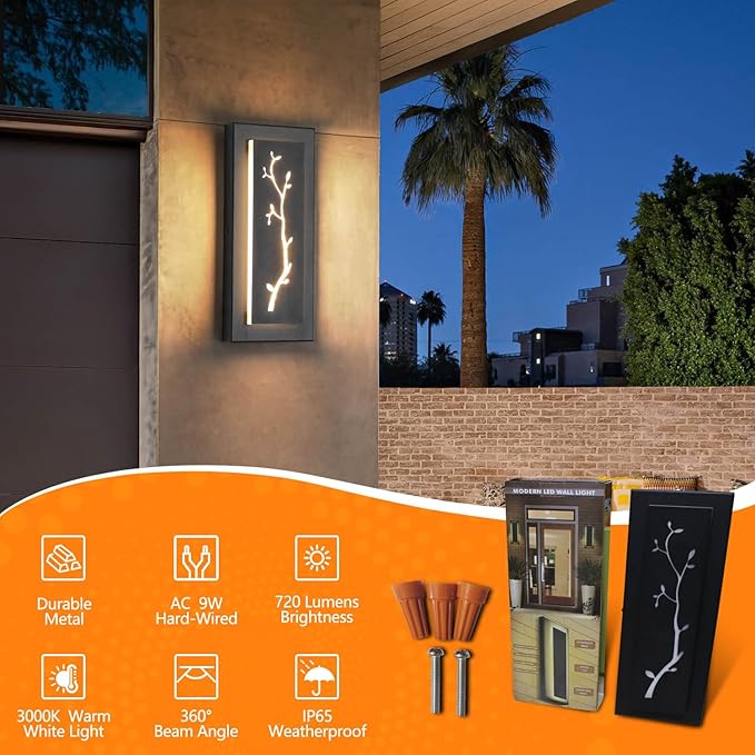 tewei LED Outdoor Wall Sconce, 15.7'' Black Outdoor Front Porch Lights Modern Exterior Lighting Fixtures, LED Exterior Wall Sconce for House, Hallway, Warm White 3000K, 2 Pack