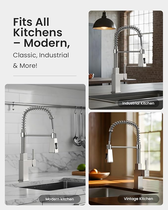 APPASO Square Kitchen Faucets with Pull Down Sprayer, 3 Modes SUS304 Stainless Steel Faucet for Kitchen Sink, Single Handle Kitchen Sink Faucet, Brushed Nickel