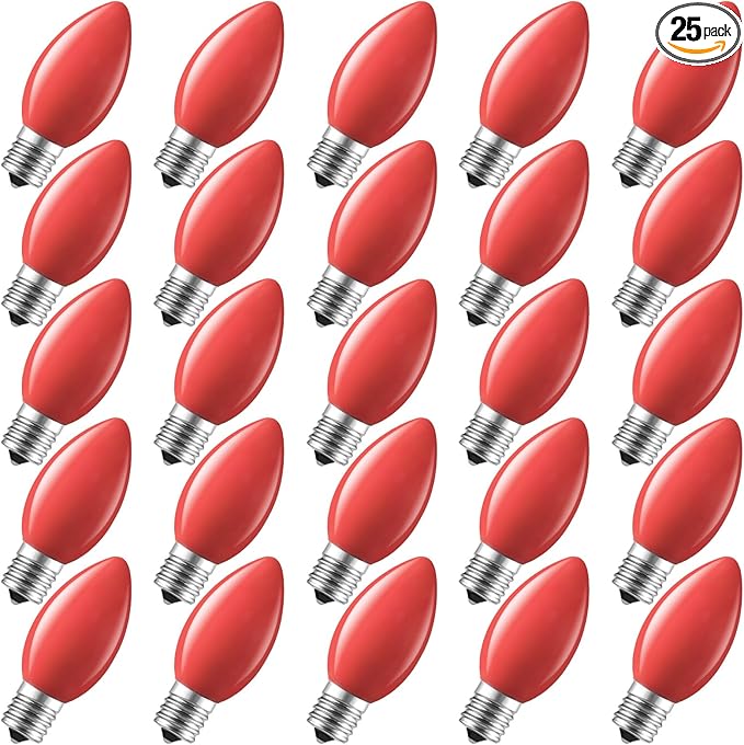 Brightown C9 LED Replacement Christmas Bulbs, 25 Pack Red Shatterproof C9 Bulbs, Waterproof Commercial LED Holiday Bulb for Christmas String Light, E17 Intermediate Base, Dimmable