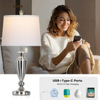27" Silver Table Lamps for Living Room Single, 3 Way Touch Control Bedside Lamps with USB A+C Ports, Modern Brushed Nickel Bedroom Lamp, Metal Tall Lamp for Nightstand Desk Side Table Office