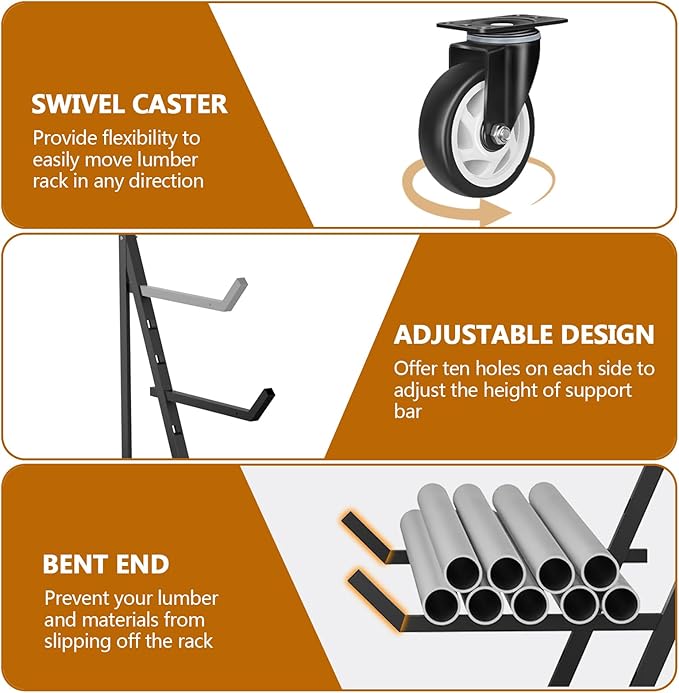4 Tier Pipe And Lumber Storage Rack - Heavy Duty Pipe Rack With 4IN Swivel Casters And Adjustable Support Bar Weight Capacity Up To 1200LBS, Plywood Storage Shelf For Garage, Workshop And Warehouse