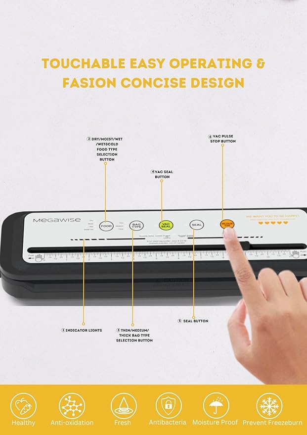 MEGAWISE Food Vacuum Sealer Machine with Built-in Cutter – 80kPa Suction, One-Touch Operation, 4 Food Modes, Compact Design (Silver)