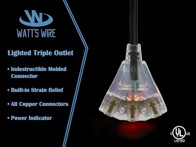 Outdoor Extension Cord Waterproof (25 ft) 12 Gauge Heavy Duty Extension Cord Splitter - Lighted Outdoor Extension Cords with Multiple Outlets - Watts Wire - 25' Grounded - extensiones electricas