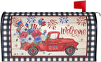 Buffalo Plaid Patriotic Mailbox Covers - American Flag Red Blue Floral Truck Magnetic Standard Size 21x18 In Waterproof Post Box Wraps Garden Yard Home Decor for Outdoor