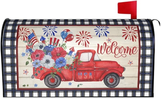 Buffalo Plaid Patriotic Mailbox Covers - American Flag Red Blue Floral Truck Magnetic Standard Size 21x18 In Waterproof Post Box Wraps Garden Yard Home Decor for Outdoor