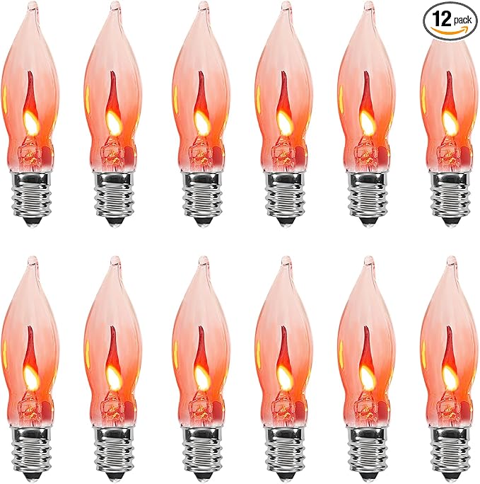 Abeja 12 Pack Flicker Light Bulb, Realistic Flame Shaped Bulb for Christmas & Halloween Candelabra Light Bulbs & String Light Replacement 1w, 120 Volt E12 Flame Candelabra Light Bulbs