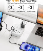 PD45W USB C Travel Power Strip, Cruise Power Strip with 6 USB(3 USB C) Ports and 3 Outlets, 5Ft Flat Plug Braided Extension Cord, 45W Fast Charging Station for MacBook Laptops iPad Pro iPhone Samsung