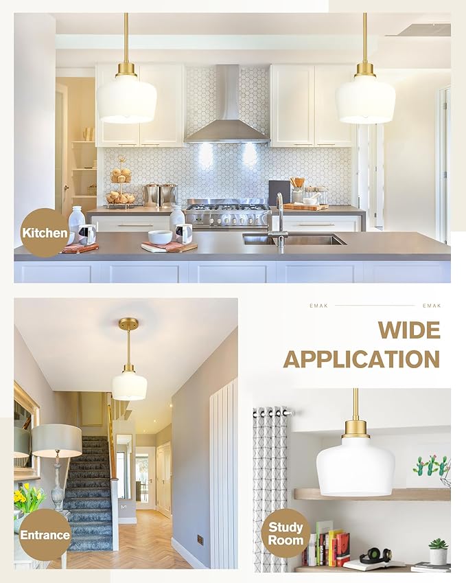 Emak Modern Pendant Lights Kitchen Island, 8 Inch Gold Pendant Light with Milk Glass Shade, Hanging Light Fixture for Kitchen Island, Dining Room, Bathroom, Bedroom, PL122-GD-ML