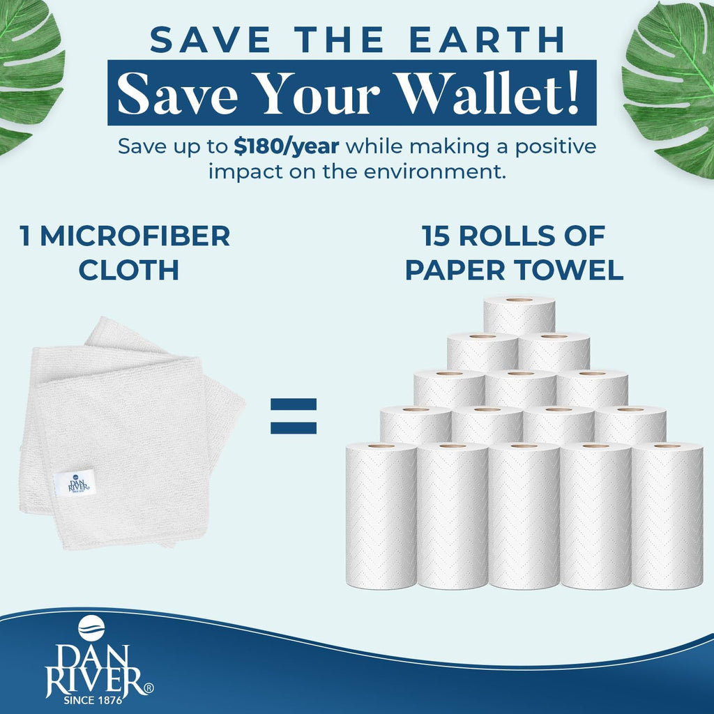 DAN RIVER 12-Pack White Microfiber Towels – Ultra Absorbent, Lint-Free & Streak-Free dust Cloths for Home, Car & Kitchen - Must-Have Cleaning Essentials - 12" x 12"