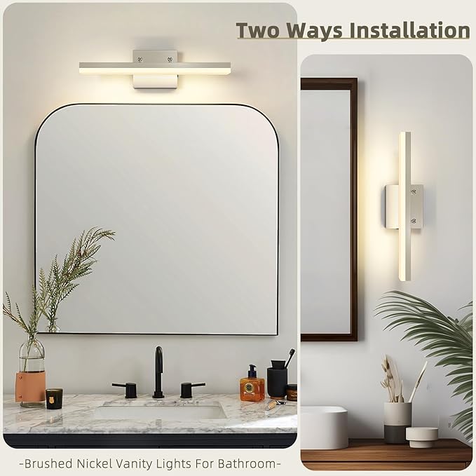 Brushed Nickel Vanity Lights - Dimmable 5CCT Bathroom Lighting Fixtures Over Mirror, Adjustable Angle Wall Light, 15.75" Long 12W LED Bar Light