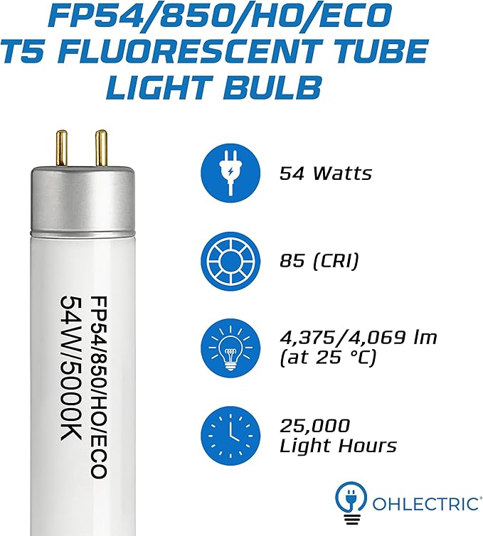 OHLECTRIC FP54/850/HO/ECO T5 Fluorescent Tube Light Bulb (10-Pack) 54 Watt High Output, 5000K Daylight, 800 Series Phosphor, G5 Bi-Pin Base, 46-Inch Linear Lamp, Energy Efficient - Case of 10