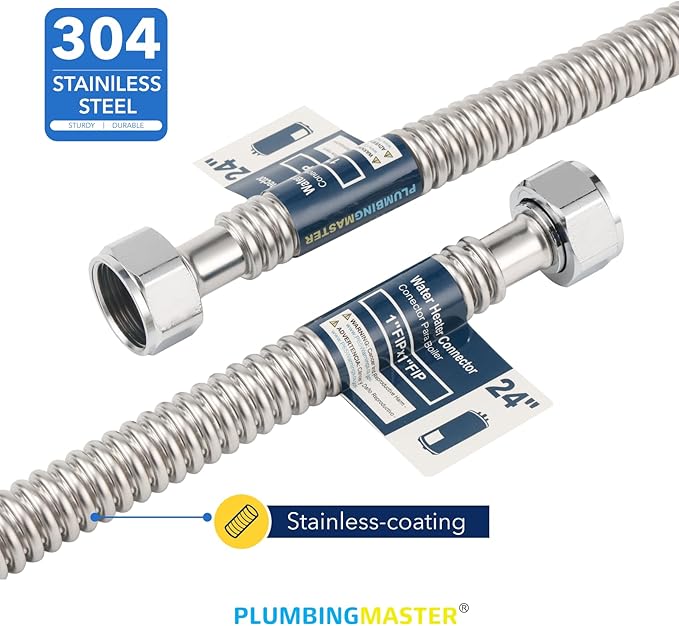 Stainless Steel Corrugated Water Heater Connector, 24-Inch, 1” FIP* 1” FIP hot and cold Corrugated Water flexible hose, Leak-Proof, 10-Year Warranty, 2-pack