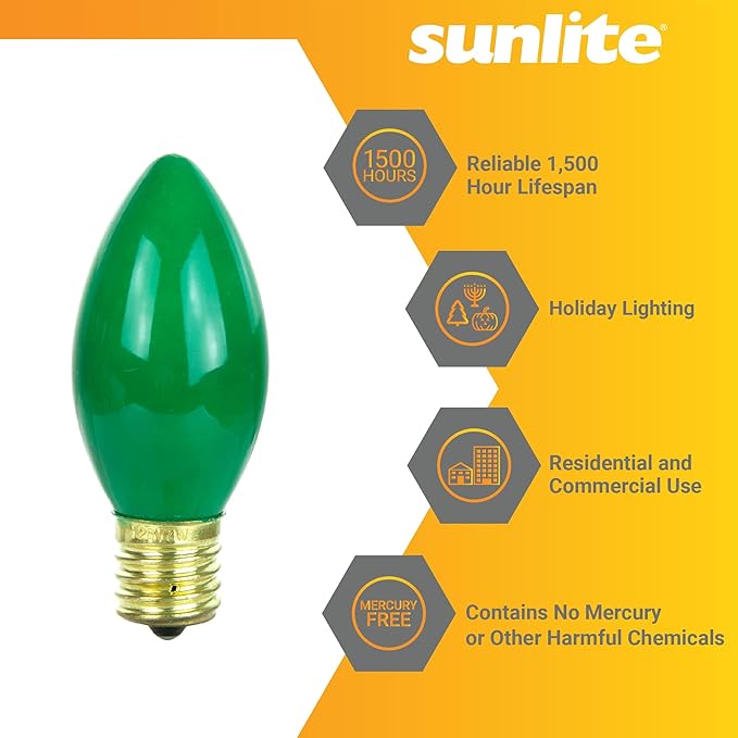 Sunlite 01295-SU Incandescent C9 Colored Bulbs, Holiday Decorative Bulb 7 Watts, E17 Intermediate Base, Christmas-Lights Nightlight, Title 20 Approved, Green, 25 Count
