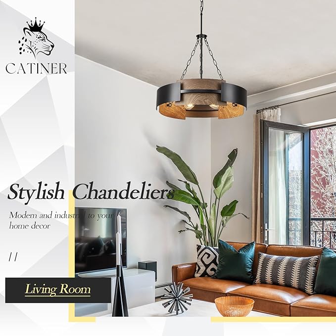 Modern Chandelier 24" Industrial Drum Light Fixture Black Metal 6-Light Hanging Chandelier Walnut Wood Grain for Living Dining Room Foyer Entryway Kitchen