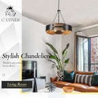 Modern Chandelier 24" Industrial Drum Light Fixture Black Metal 6-Light Hanging Chandelier Walnut Wood Grain for Living Dining Room Foyer Entryway Kitchen