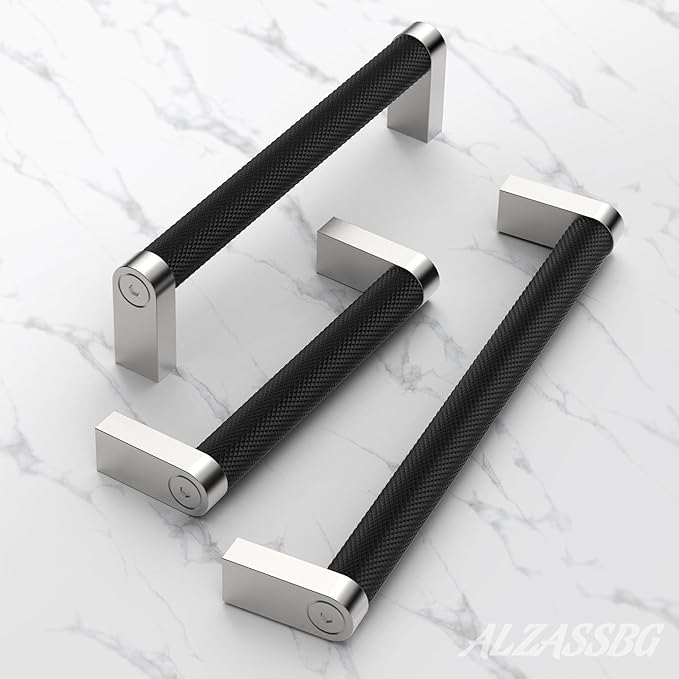 Alzassbg 10 Pack Silver and Black Cabinet Pulls, 5 Inch(128mm) Hole Centers Cabinet Handles Kitchen Hardware Knurled Drawer Handle Pull AL3101CP-MB