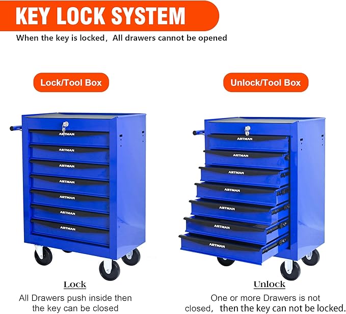 7 Drawers Rolling Tool Box on Wheels, Multifunctional Tool Chest Cabinet with Lock, Drawers Rolling Tool Cart Trolley Organizer Tool Storage Case for Warehouse,Garage,Workshop (Blue)