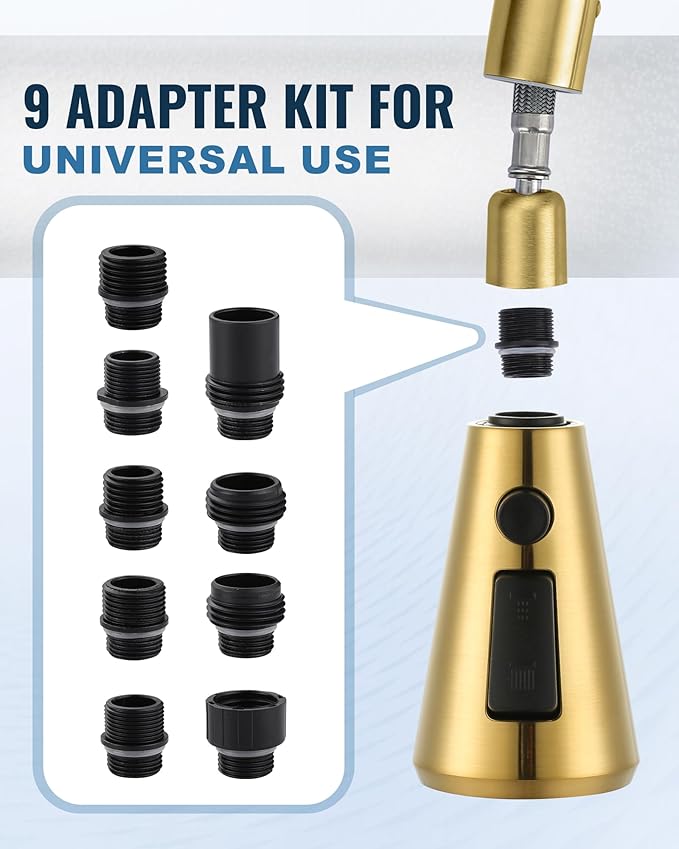 Pull Down Spray Head Replacement - for Kitchen Faucet Sprayer Head with 9 Adapters, 3 Function Pull Out Faucets Spray Nozzle Compatible with Moen, American Standard Faucets, Brushed Gold