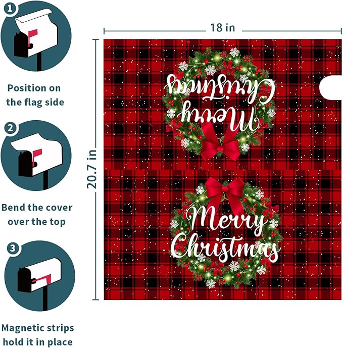 Kawani Merry Christmas Mailbox Cover - Magnetic Standard Size 21x18 Inch Winter Christmas Wreath Red Black Buffalo Plaid Xmas Holiday Wrap for Garden Yard Decor