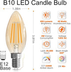 E12 Candelabra Bulb 40 watt Equivalent, E12 LED Bulb Dimmable Chandelier Light Bulbs, 2200K Amber Warm, B10 Candle Light Bulb, 90+CRI, 400LM, Amber Glass Finish, 12 Pack