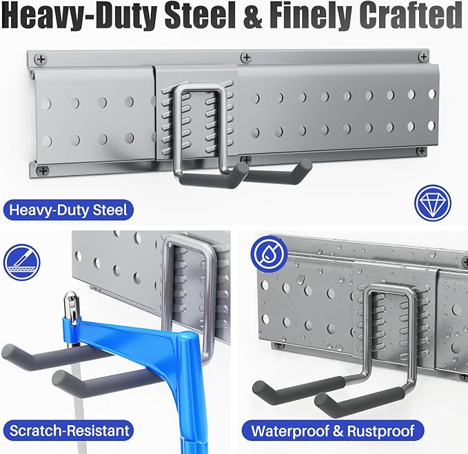 Garage Tool Organizer Wall Mount 64 inches with 13 Adjustable Heavy-Duty Hooks, Garage Organization, Garden Tool Storage Rack, Yard, and Shed, Holds Up to 520 lbs (Grey)