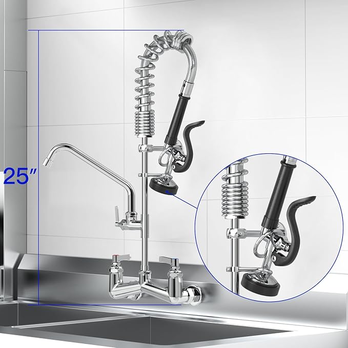 Commercial Faucet with Pre-Rinse Sprayer : 25" Height 8" Adjustable Center Wall Mount Commercial Kitchen Sink Faucet with Pull Down Spray & 10" Add-on Swing Spout for 1/2/3 Compartment Sink