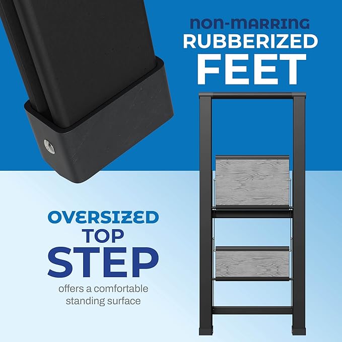 Step Ladder 2 Step Folding, Decorative - Beautiful Gray Wood & Black Aluminum, Ultra Slim Profile, Anti Slip Steps, Sturdy-Portable for Home, Office, Kitchen, Photography Use,by SORFEY