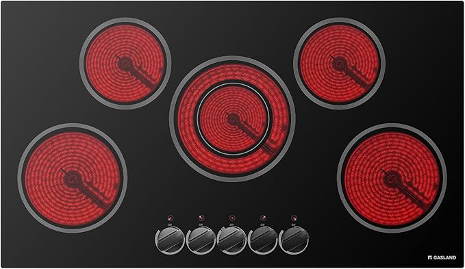 GASLAND Electric Cooktop 36 Inch, 8200W Drop-in Radiant Glass Stove Top CH90BS with 5 Burners, 220-240V Ceramic Electric Stovetop, 7 Power Levels, Mechanical Knob Control, Hot Warning, Hard Wire