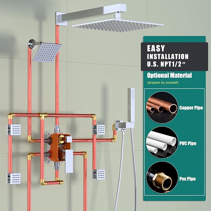 Enga Dual Shower Head Shower System with Body Jets, Wall Mount 10+6" Dual Rain Shower Head with 2 in 1 Handheld Spray for Two People, Shower Faucet Set with Valve Kit, Chrome