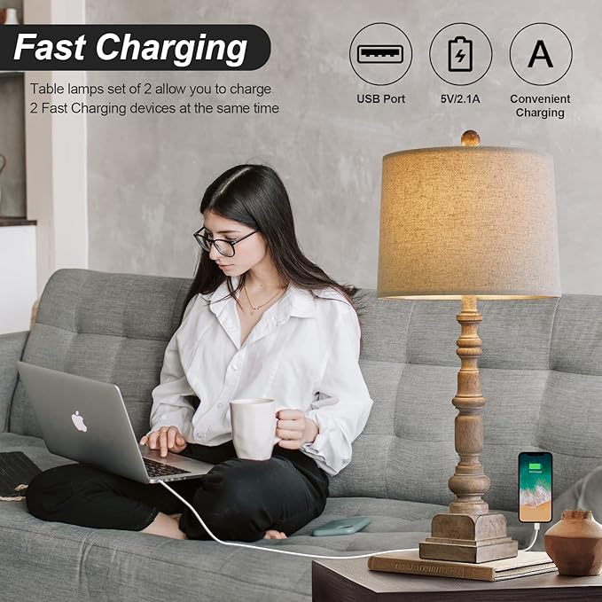 Oneach 27.75" Vintage Farmhouse USB Table Lamps Set of 2 for Living Room Bedroom Traditional Bedside Nightstand Lamp with Dual USB Port Resin Table Lamp with Rotary Switch for Living Room Bedroom