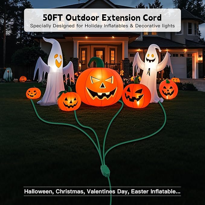 50Ft 4 Outlets Green Outdoor Extension Cords for Halloween Christmas Inflatables Blow Ups Yard Waterproof Outside with Multiple Outlets Extension Cord Power Splitter for Christmas Lights Decorations