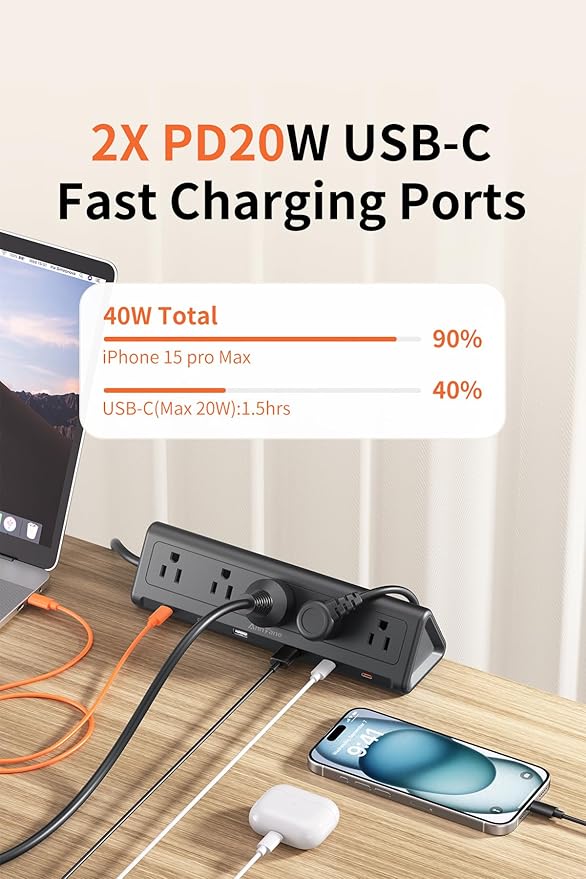 6.5 FT Desk Clamp Power Strip with 5 AC Outlets & 6 USB Ports PD 40W USB-C Fast Charging, 1250J Surge Protector, Fits 2.6 in top Edge Black