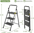 3 Step Ladder, Folding Step Stool 500 Lbs Capacity for Adults & Kids, Heavy Duty Steel Sturdy Step Ladder with Non Slip Wide Pedals, Space Saving Step Stool for Home Kitchen Office Library, Black