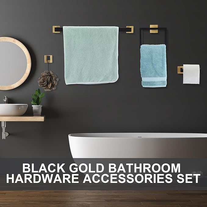 Gisafai 5 Pcs Bathroom Hardware Accessories Set 23.6 Inch Bath Towel Bar Kit Stainless Steel Bathroom Hardware Set Towel Racks Ring Hooks Paper Holder for Wall Mounted (Black Gold)