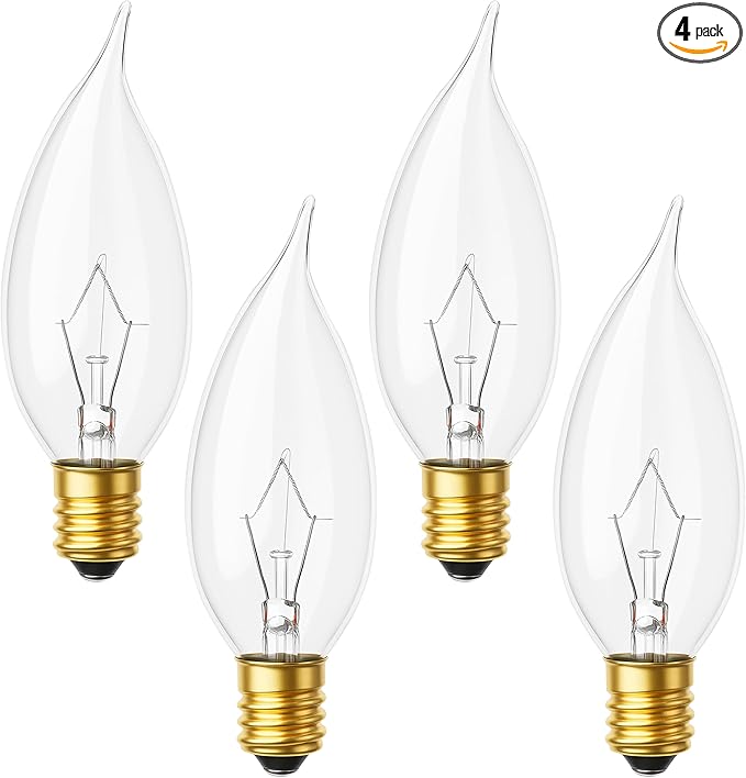 OHLECTRIC CA8 Incandescent Flame Tip Light Bulb (4-Pack) 25 Watt, Candelabra Base E12, Dimmable Bulbs, 2700K Soft White, 210 Lumens, Decorative Candle Bulb for Chandeliers, 1500 Hour Life, 120V