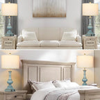 Farmhouse Table Lamps Set of 2, Rustic Touch Control Bedside Lamps with 2 USB Ports & AC Outlet, Vintage Resin 3-Way Dimmable Nightstand Lamp Linen Fabric Shade for Living Room Bedroom Decor Blue