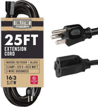 25 Foot Outdoor Extension Cord - 16/3 SJTW Black 16 Gauge Electrical Cable with 3 Prong Grounded Plug