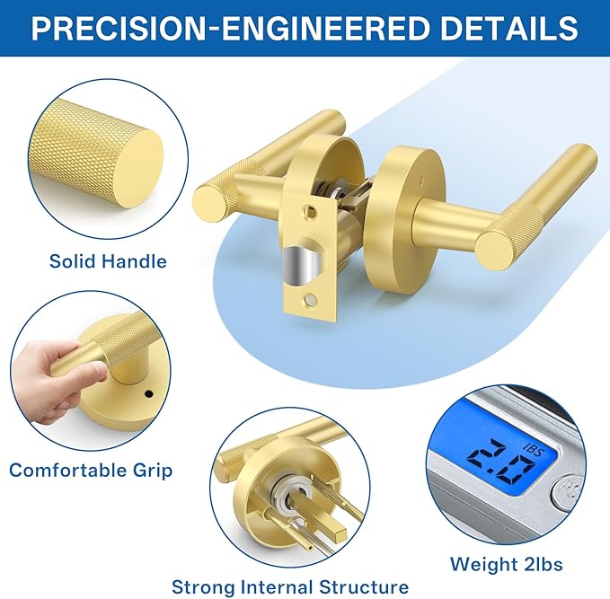 Amerdeco 1 Pack Brushed Gold Door Handles Interior, Knurled Privacy Door Handles with Lock,Gold Door Lever for Bedroom or Bathroom,Reversible Keyless for Left Right Handed Doors AM0027