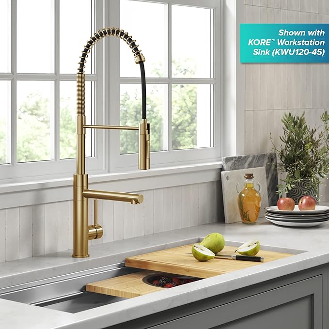 KRAUS Artec Pro Commercial Style Pull-Down Single Handle Kitchen Faucet with Pot Filler in Brushed Brass, KPF-1604BB