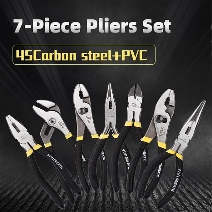 Vivicreate 7-Piece Pliers Set Heavy Duty Multipurpose Tools for Home Repair DIY Auto Electrical Work Includes Long Nose Slip Joint Linesman and Diagonal Pliers Alicates de Corte Herramientas