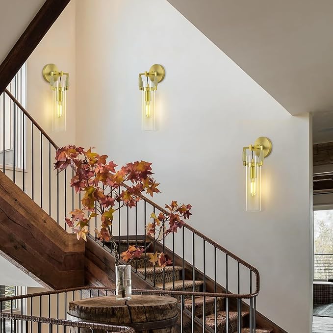 Modern Gold Indoor Wall Sconces Set of 2, 15'' knurled Brass Bathroom Wall Sconces, Glass Bathroom Vanity Light, for Living Room, Bedrooms, Hallway, Staircases, Include Bulb