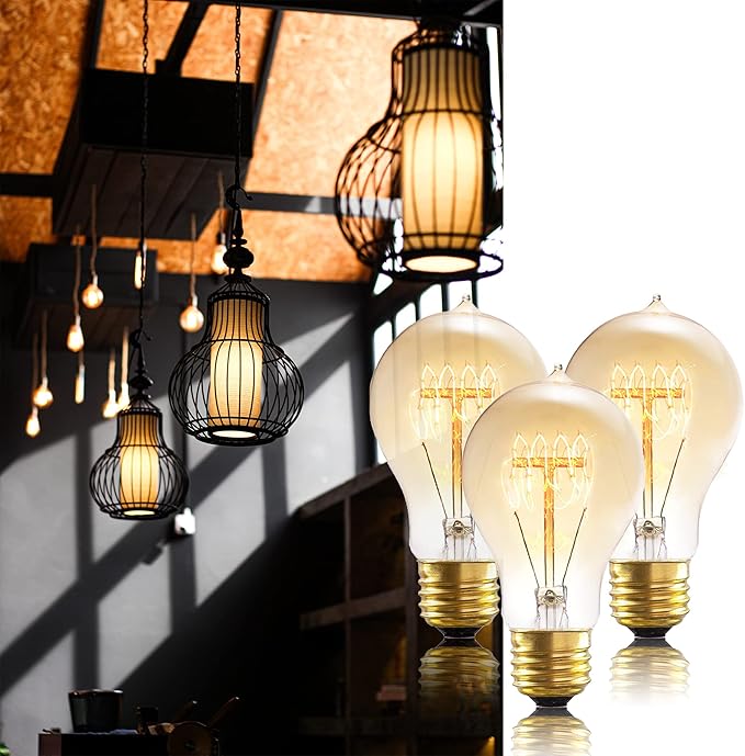 A19 Incandescent Light Bulbs 60 Watt,120v Edison Bulbs Dimmable 2200k Warm Yellow E26 Base, Antique Retro Style Incandescent Bulb, Amber Glass Squirrel Cage Filament Decorative Lamp, 6Pack